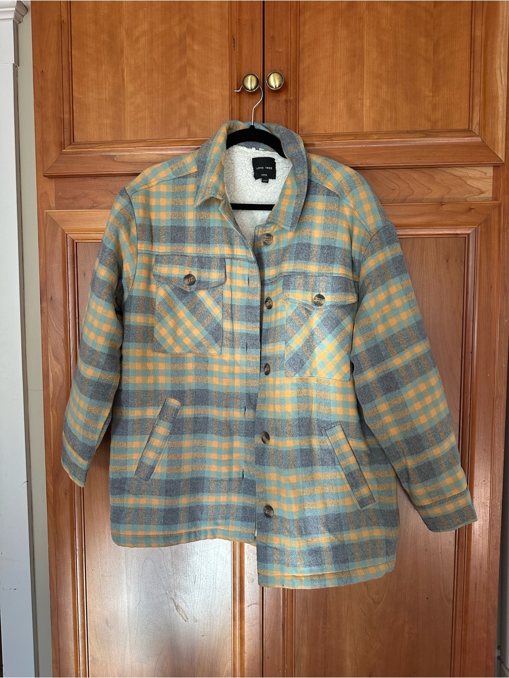 Love Tree Plaid Teddy-Lined Button Jacket in Yellow & Gray